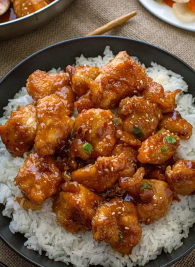 Delicious General Tso's Chicken served with vegetables and rice on a plate.