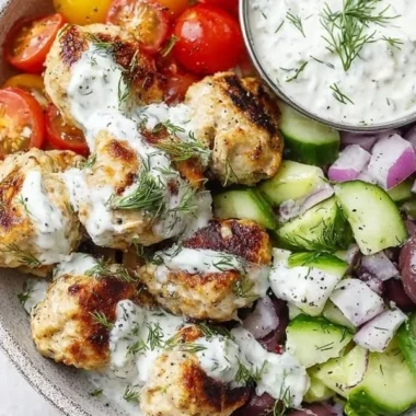 Delicious Greek chicken meatballs served with homemade tzatziki sauce