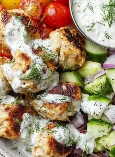 Delicious Greek chicken meatballs served with homemade tzatziki sauce