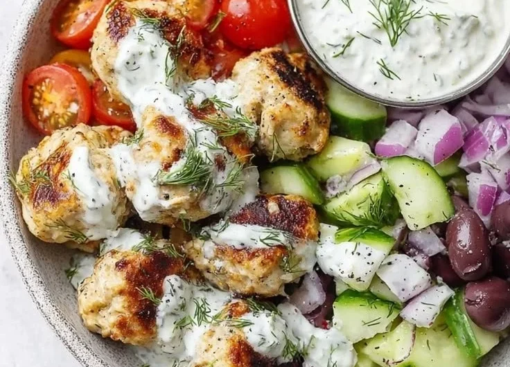 Delicious Greek chicken meatballs served with homemade tzatziki sauce