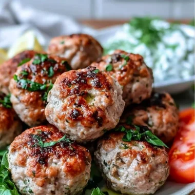 Plate of Greek Turkey Meatballs served with Tzatziki sauce