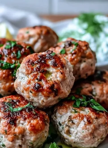 Plate of Greek Turkey Meatballs served with Tzatziki sauce