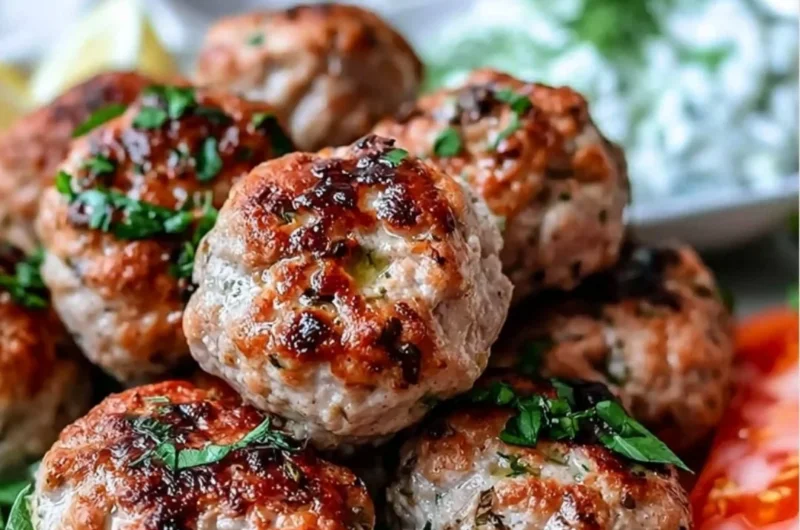 Plate of Greek Turkey Meatballs served with Tzatziki sauce