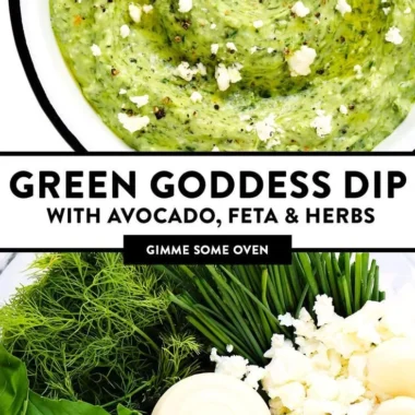 Green Goddess Feta Dip served in a bowl with herbs and vegetables