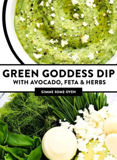 Green Goddess Feta Dip served in a bowl with herbs and vegetables