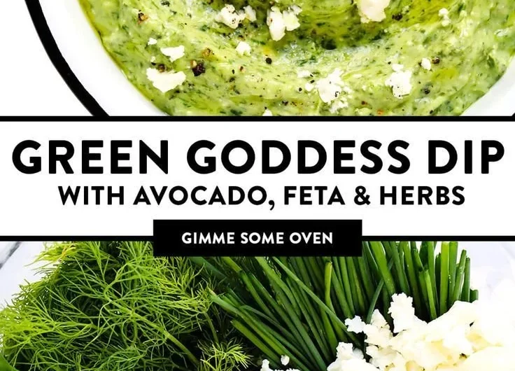 Green Goddess Feta Dip served in a bowl with herbs and vegetables