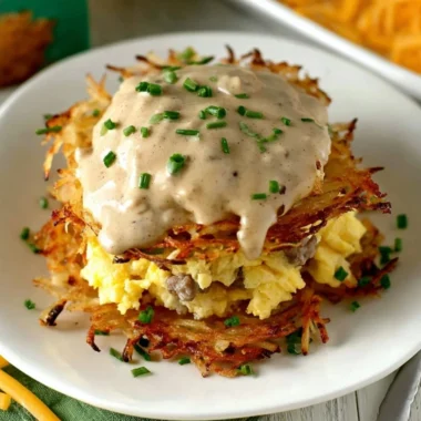 Delicious Hash Browns Breakfast Stack with crispy hash browns and toppings.