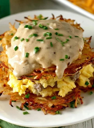 Delicious Hash Browns Breakfast Stack with crispy hash browns and toppings.