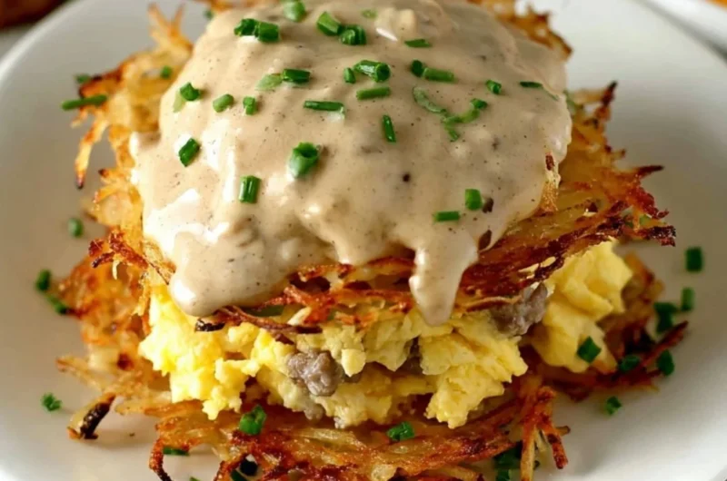 Delicious Hash Browns Breakfast Stack with crispy hash browns and toppings.