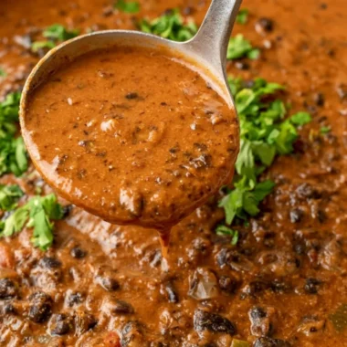 Bowl of hearty black bean soup topped with herbs and spices