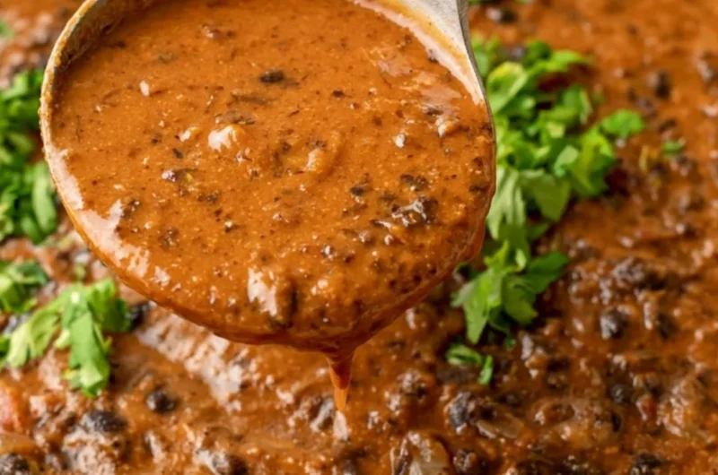 Bowl of hearty black bean soup topped with herbs and spices