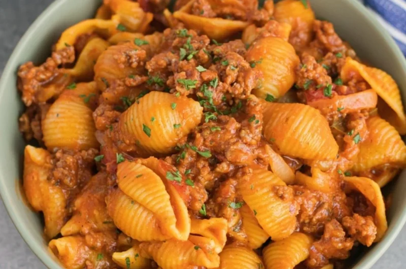 High protein taco pasta dish topped with fresh ingredients and cheese