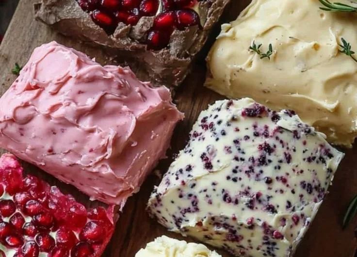 Variety of homemade butter spreads on a wooden table