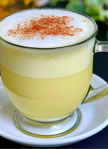 A warm Honey Chamomile Tea Latte topped with frothy milk and honey.