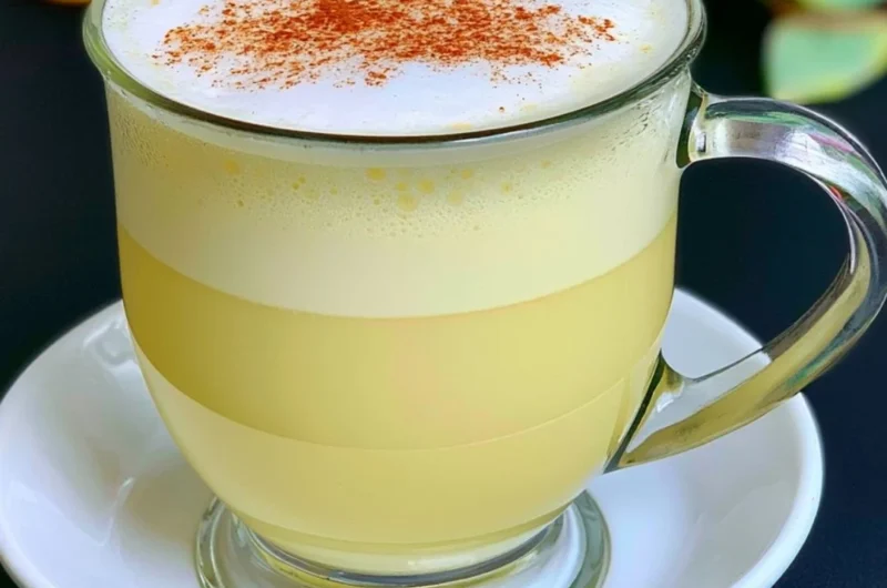 A warm Honey Chamomile Tea Latte topped with frothy milk and honey.