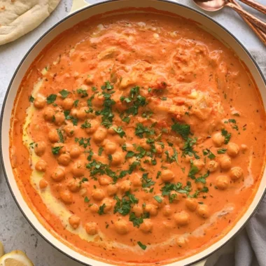 Delicious Indian Butter Chickpeas served with rice and garnished with cilantro