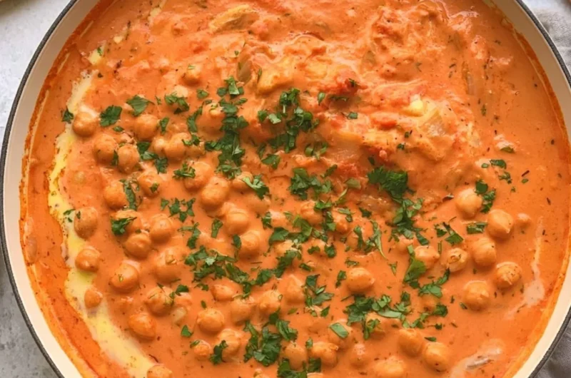 Delicious Indian Butter Chickpeas served with rice and garnished with cilantro