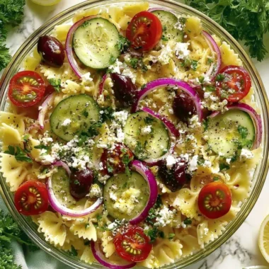 Bowl of irresistible Mediterranean pasta salad with fresh vegetables and herbs.