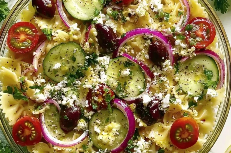 Bowl of irresistible Mediterranean pasta salad with fresh vegetables and herbs.