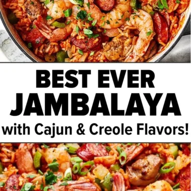 A delicious bowl of Jambalaya with shrimp, sausage, and vegetables