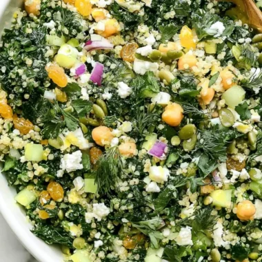 Delicious Kale Quinoa Salad with Lemon Dressing in a colorful bowl