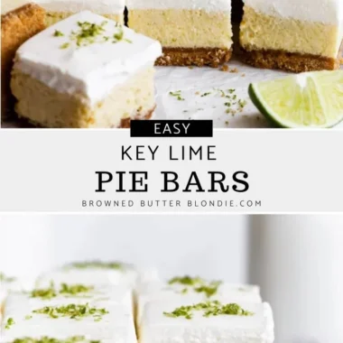 Delicious Key Lime Pie Bars garnished with lime slices and whipped cream