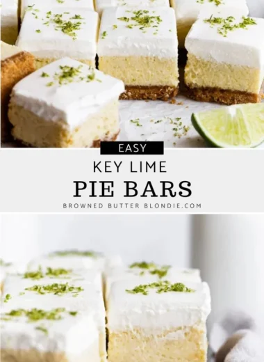 Delicious Key Lime Pie Bars garnished with lime slices and whipped cream