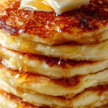 Plate of old-fashioned pancakes topped with syrup and berries