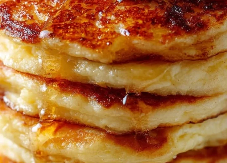 Plate of old-fashioned pancakes topped with syrup and berries