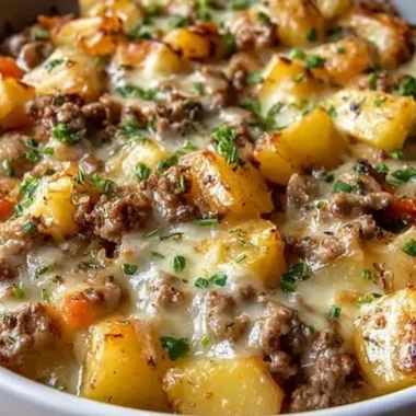 One-Pan Cheesy Meat and Potato Skillet dish in a skillet