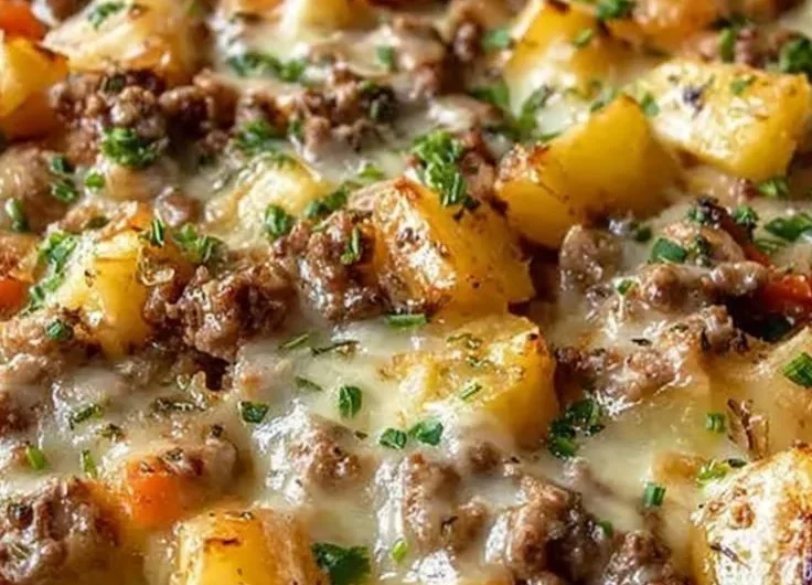 One-Pan Cheesy Meat and Potato Skillet dish in a skillet