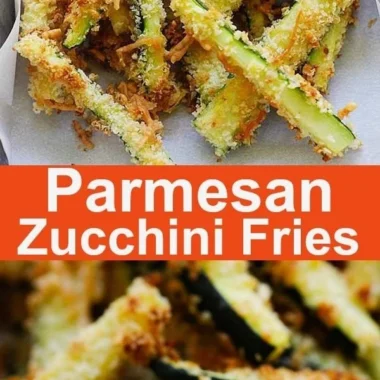 Plate of crispy Parmesan Zucchini Fries garnished with herbs