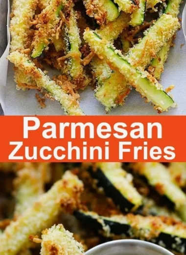 Plate of crispy Parmesan Zucchini Fries garnished with herbs