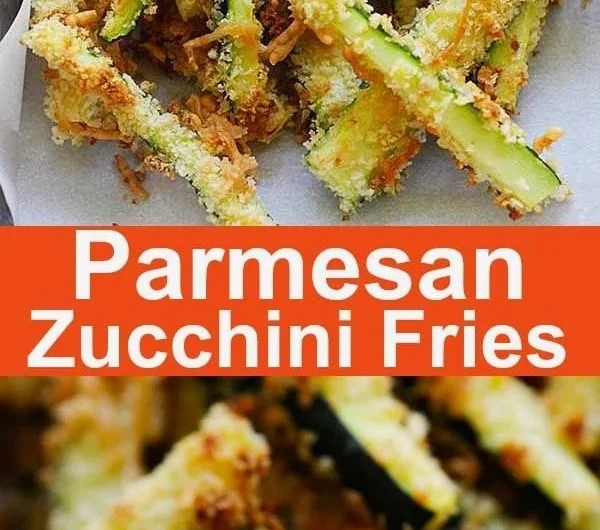Plate of crispy Parmesan Zucchini Fries garnished with herbs