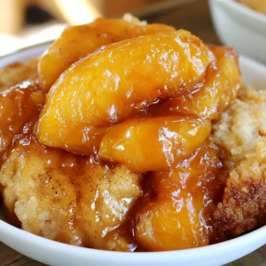 Delicious homemade peach cobbler with golden crust and fresh peaches