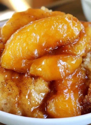 Delicious homemade peach cobbler with golden crust and fresh peaches