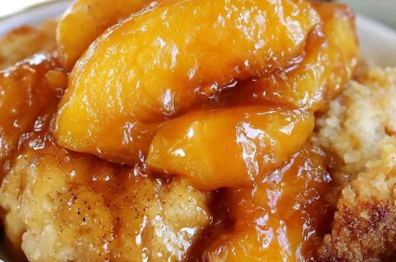 Delicious homemade peach cobbler with golden crust and fresh peaches