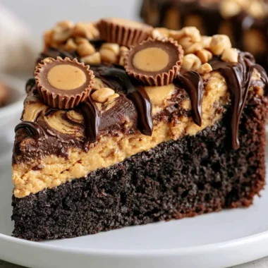 Delicious Peanut Butter Cup Dump Cake topped with creamy peanut butter and chocolate.
