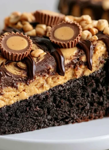 Delicious Peanut Butter Cup Dump Cake topped with creamy peanut butter and chocolate.
