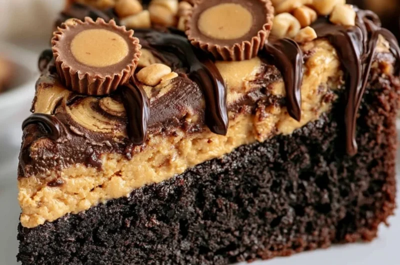 Delicious Peanut Butter Cup Dump Cake topped with creamy peanut butter and chocolate.