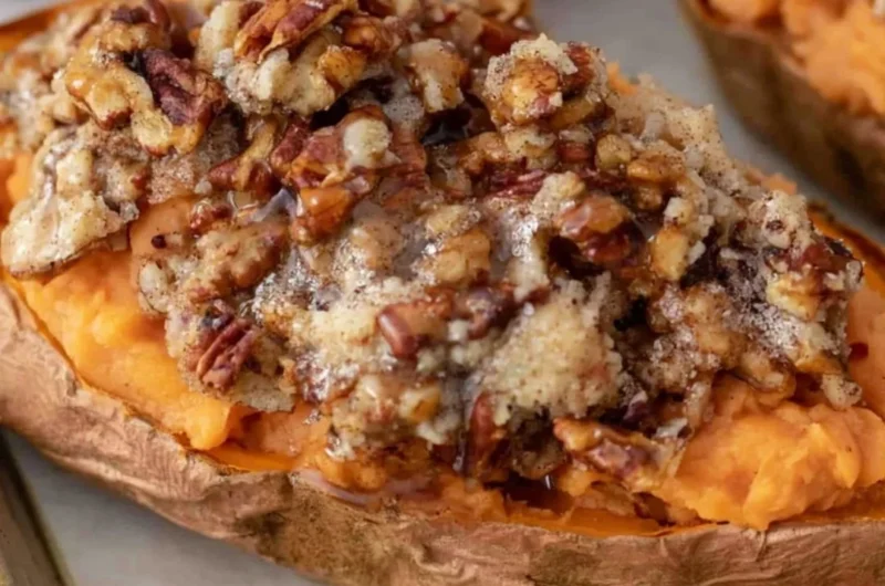 Pecan Pie Twice Baked Sweet Potatoes topped with pecans and caramel glaze