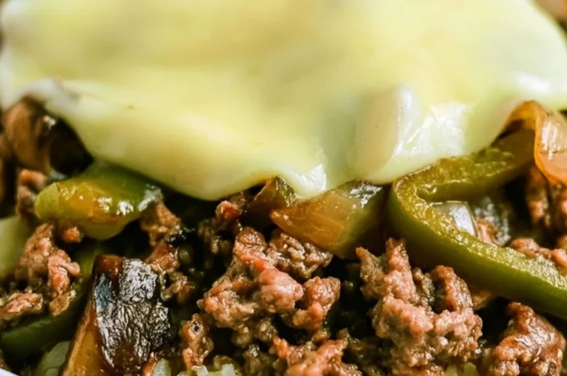 Delicious low-carb Philly Cheesesteak bowls topped with cheese and peppers.