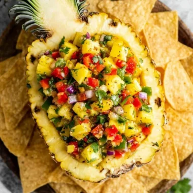 Fresh pineapple salsa served in a bowl with colorful vegetables.