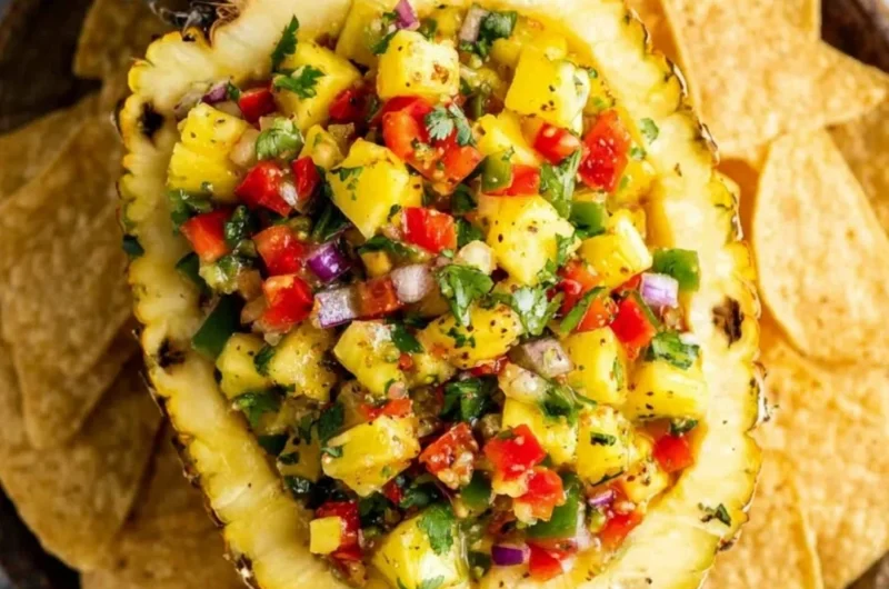 Fresh pineapple salsa served in a bowl with colorful vegetables.