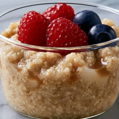 Bowl of creamy quinoa pudding topped with fresh fruits and nuts