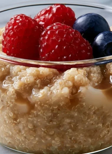 Bowl of creamy quinoa pudding topped with fresh fruits and nuts