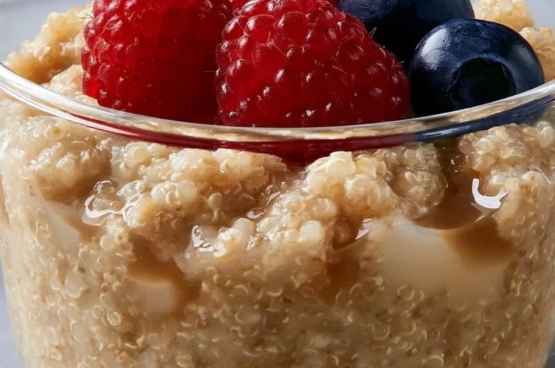 Bowl of creamy quinoa pudding topped with fresh fruits and nuts