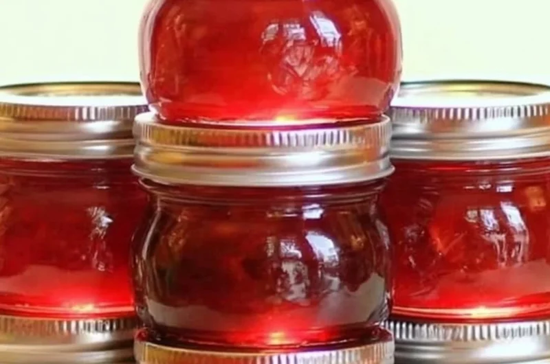 Jar of homemade rhubarb cinnamon jam with fresh rhubarb stalks