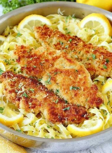 Plate of Romano Chicken served with lemon garlic pasta and fresh herbs