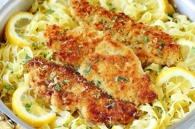 Plate of Romano Chicken served with lemon garlic pasta and fresh herbs